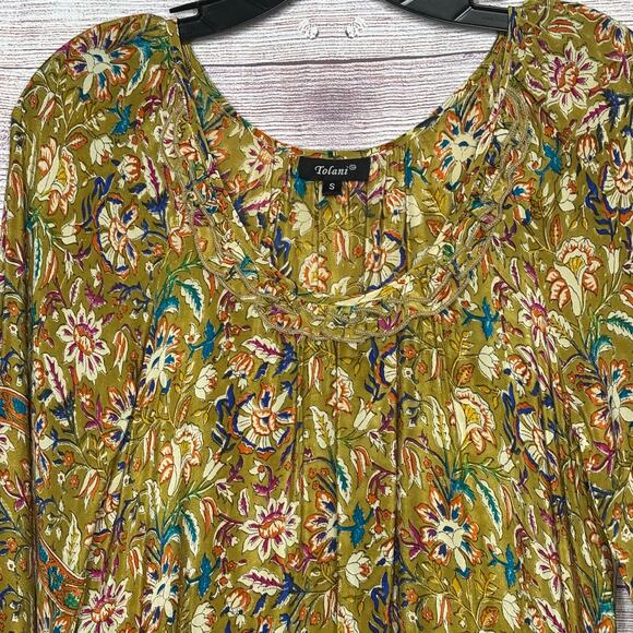 Tolani Fall Floral Boho Trendy 3/4 Sleeve 100% Silk Luxury Mini Dress Size Small - Picture 10 of 11